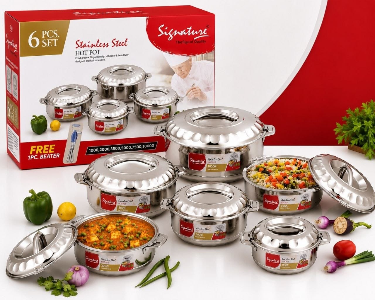6 Pcs Signature Jowel Hotpot Set (1L-10L) + Free Egg Beater. Stainless steel double-wall thermal insulation keeps large meals hot or cold for hours.