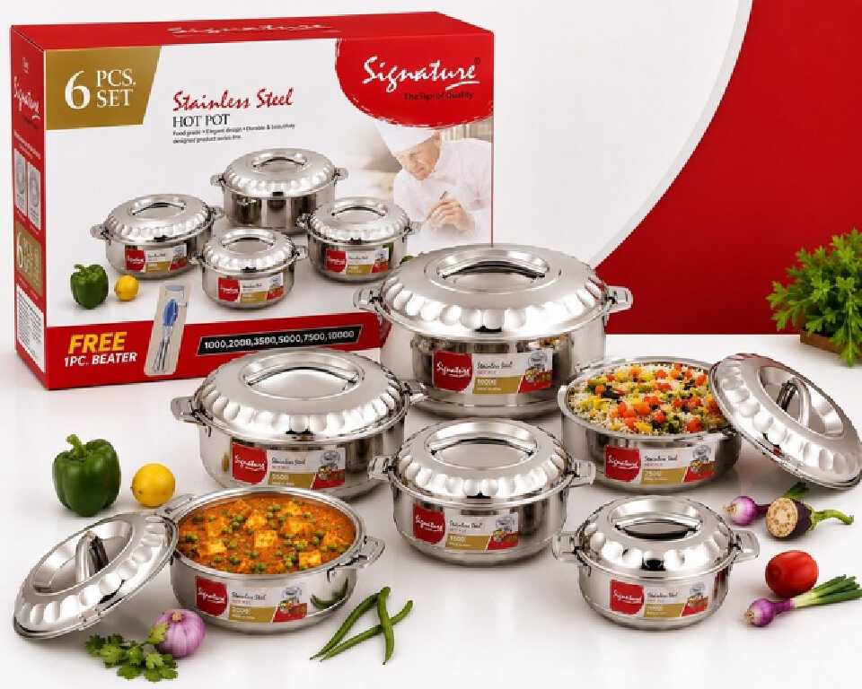 6 Pcs Signature Jowel Hotpot Set (1L-10L) + Free Egg Beater. Stainless steel double-wall thermal insulation keeps large meals hot or cold for hours.