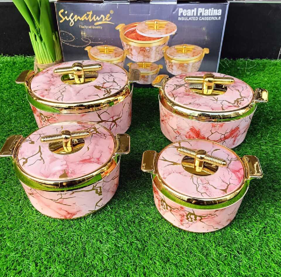 4 Pcs Signature Pearl Platina Hotpot Set (0.7L-2.5L). Double-wall insulation, BPA-free & stainless steel inner lining. Pink marble & gold serving dishes.