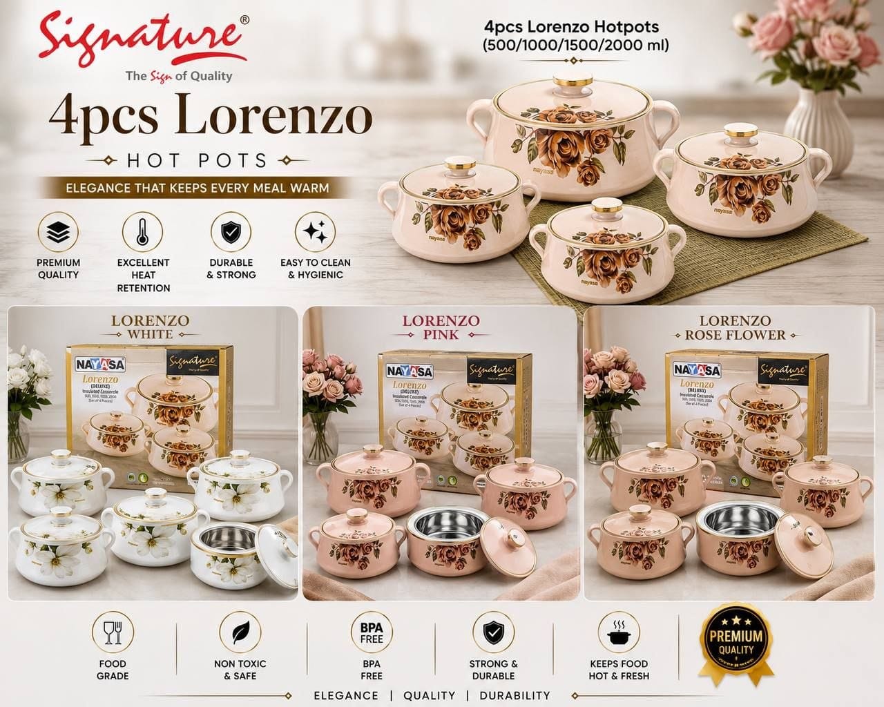 4 Pcs Signature Lorenzo Hotpot Set (500-2000ml). Double-wall insulation, food-grade BPA-free & stainless steel inner lining. Floral elegant serving dishes.
