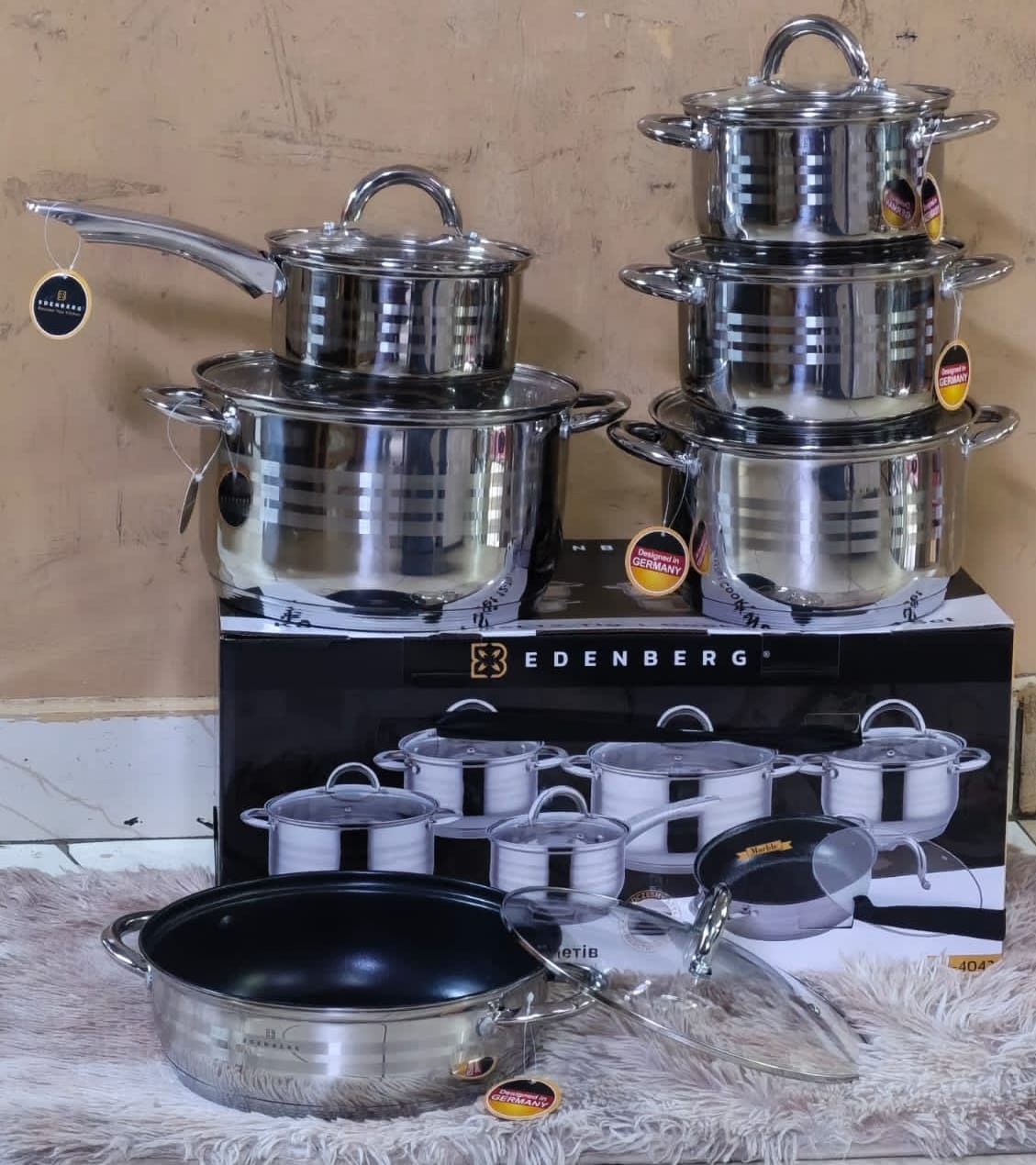 Edenberg EB-4041 12 Pcs premium stainless steel cookware set. Features 5-layer thermal induction base, satin stripes, non-stick fry pan & glass lids.