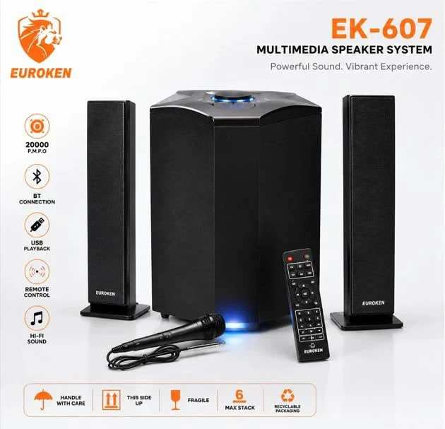 EUROKEN MTUNGI EK-607 2.1CH With 20,000 PMPO MTUNGI Subwoofer Speaker Home Theatre Audio System With Remote Control BLUETOOTH/USB/SD/FM FREE MIC