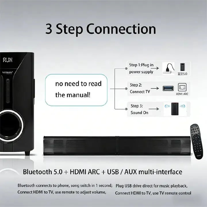 Vitron V-527 2.1CH Multimedia Bluetooth Woofer Speaker System Subwoofer Soundbar BT/USB/SD/FM Subwoofer Home Audio System Soundbar with Remote Control 9000W V527 Black 9000W
