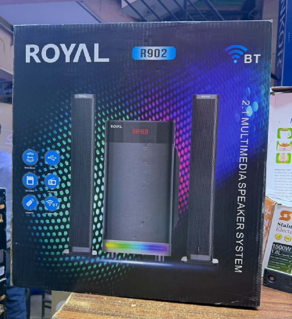 🔊 ROYAL R902 2.1 MULTIMEDIA SPEAKER SYSTEM! 🔊 ENJOY RICH BASS, BLUETOOTH, USB, SD CARD, FM RADIO & REMOTE CONTROL WITH STYLISH LED LIGHTS. PERFECT FOR MUSIC, MOVIES, GAMING AND HOME ENTERTAINMENT.