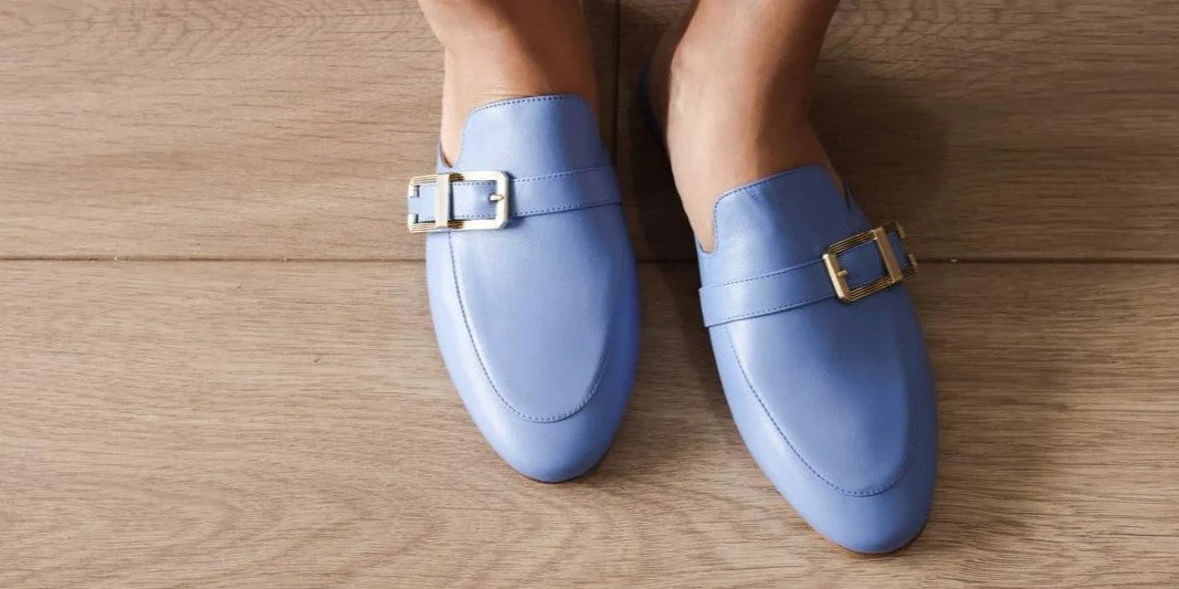 Women's Loafers || Classy Women’s Textured Leather Buckle Flat Mules Pointer Toe Pointed Loafer Slides Backless Casual Shoes – B6140-12636