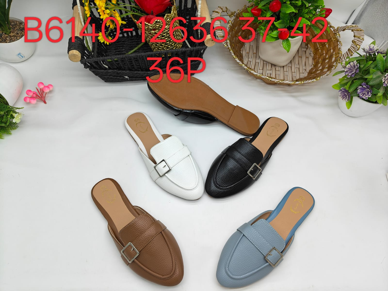 Women's Loafers || Classy Women’s Textured Leather Buckle Flat Mules Pointer Toe Pointed Loafer Slides Backless Casual Shoes – B6140-12636