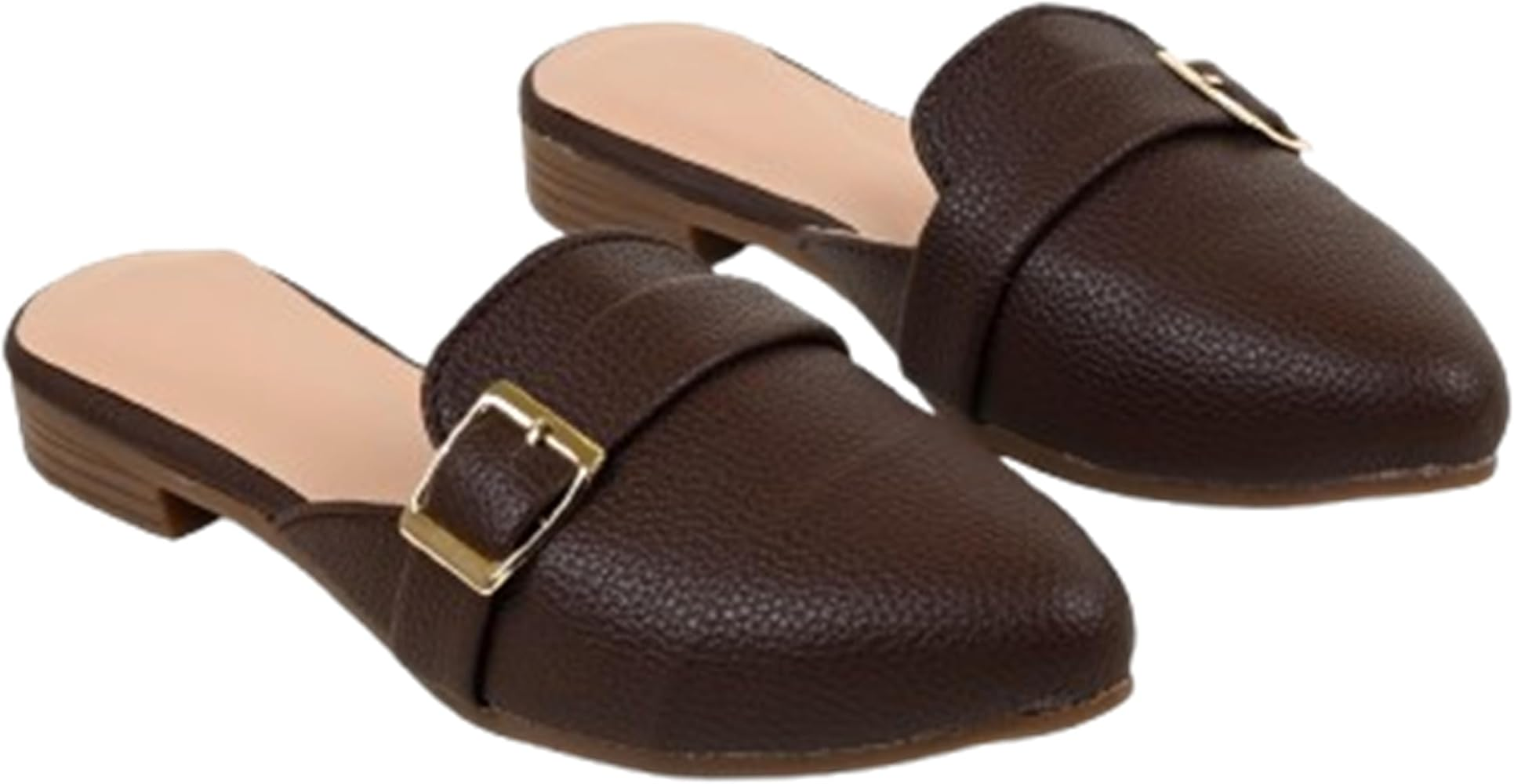 Women's Loafers || Classy Women’s Textured Leather Buckle Flat Mules Pointer Toe Pointed Loafer Slides Backless Casual Shoes – B6140-12636