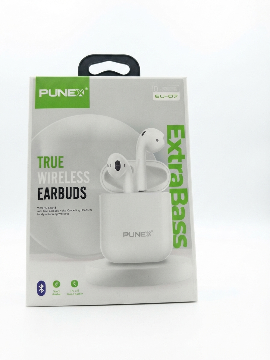 PUNEX EU-07 True Wireless Bluetooth Earbuds Extra Bass TWS Earphones with Charging Case for Android & iPhone - White