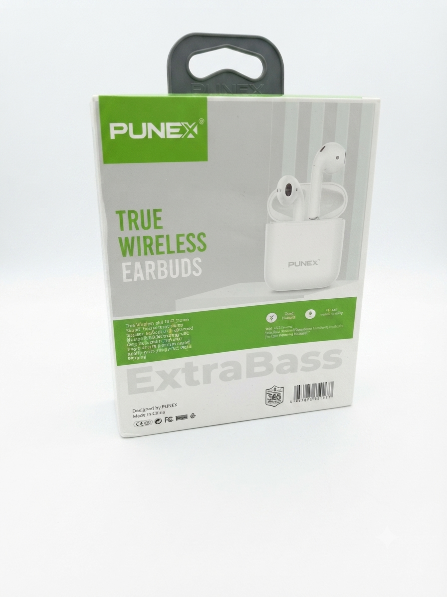 PUNEX EU-07 True Wireless Bluetooth Earbuds Extra Bass TWS Earphones with Charging Case for Android & iPhone - White