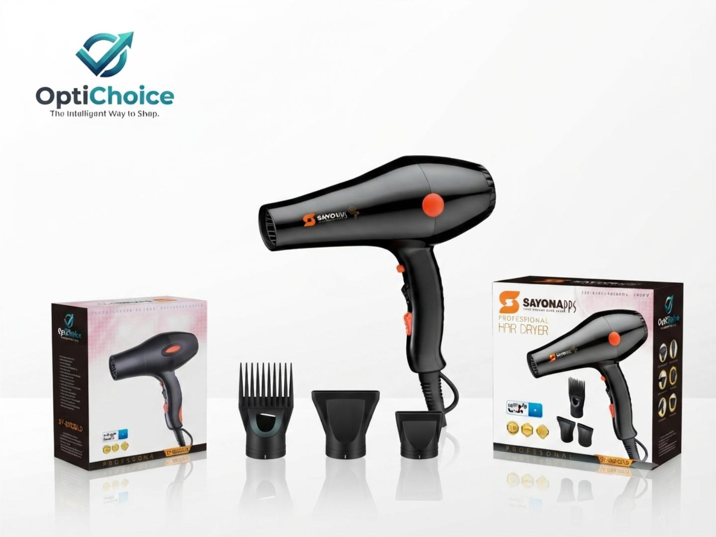 Sayona Professional 2000W Hair Dryer – Fast Drying Salon Blow Dryer with 3 Nozzles & Soft Grip Handle
