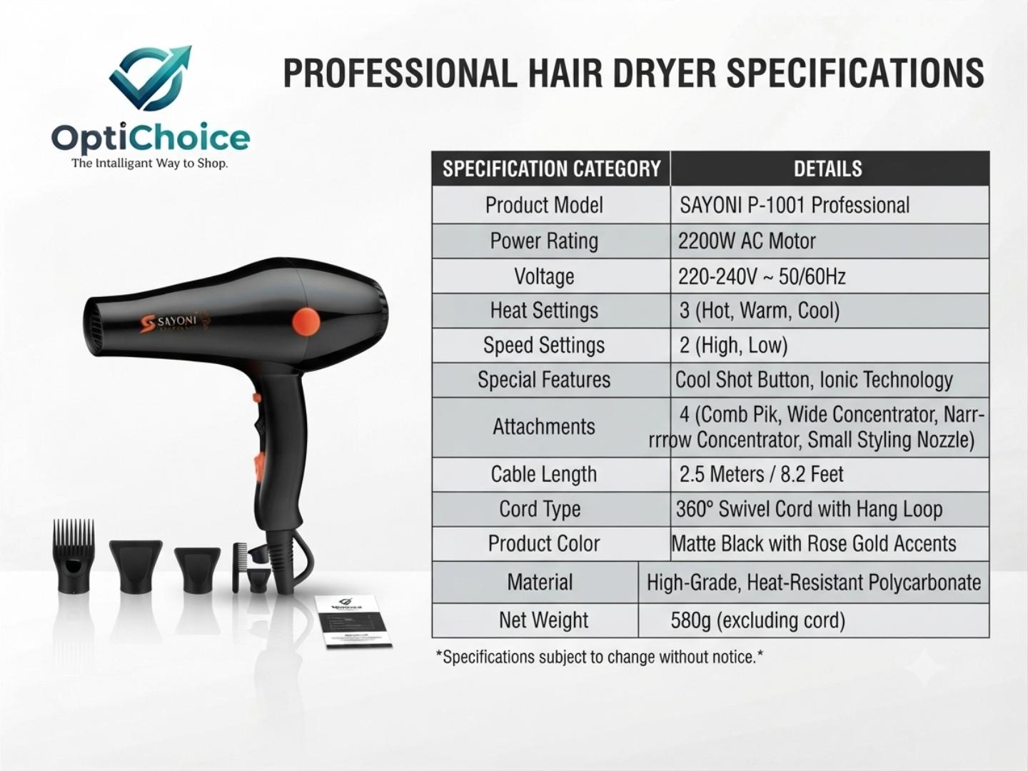 Sayona Professional 2000W Hair Dryer – Fast Drying Salon Blow Dryer with 3 Nozzles & Soft Grip Handle