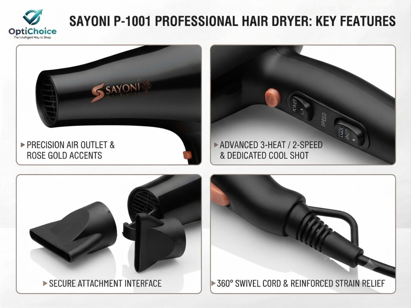 Sayona Professional 2000W Hair Dryer – Fast Drying Salon Blow Dryer with 3 Nozzles & Soft Grip Handle