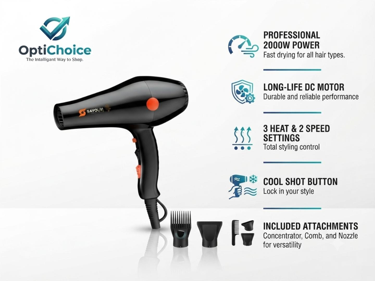 Sayona Professional 2000W Hair Dryer – Fast Drying Salon Blow Dryer with 3 Nozzles & Soft Grip Handle