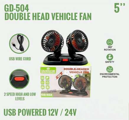 2 speed Double headed vehicle fan (Car Cigar lighter DC powered) Portable dual-head 12V car fan with adjustable heads, 3-speed cooling, cigarette lighter plug and stable dashboard mount.