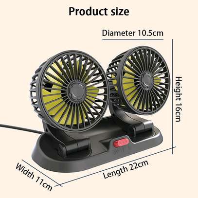 2 speed Double headed vehicle fan (Car Cigar lighter DC powered) Portable dual-head 12V car fan with adjustable heads, 3-speed cooling, cigarette lighter plug and stable dashboard mount.