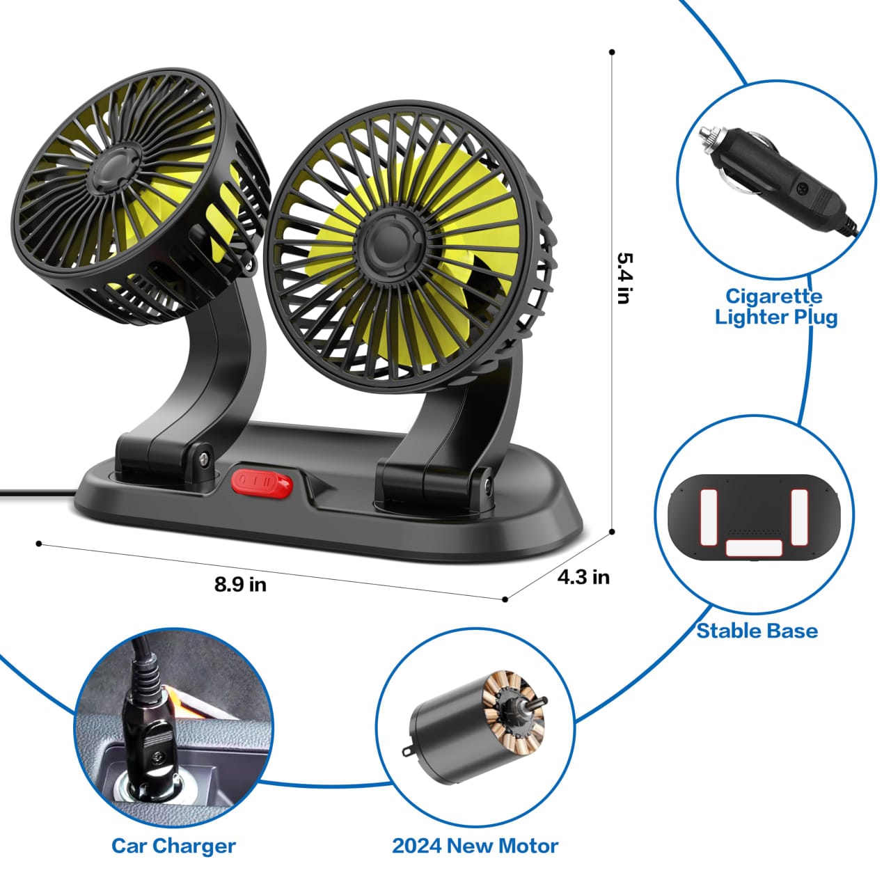 2 speed Double headed vehicle fan (Car Cigar lighter DC powered) Portable dual-head 12V car fan with adjustable heads, 3-speed cooling, cigarette lighter plug and stable dashboard mount.