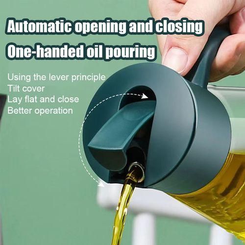 Automatic Oil Pot Glass Dispenser 630ml Leakproof Kitchen Oil Bottle With Handle And Non Drip Spout For Cooking Vinegar Soy Sauce Olive Oil Storage Container Refillable Easy Pouring.
