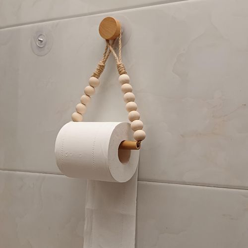 Handcrafted Boho Wooden Bead Toilet Paper Holder – Natural Hemp Rope Wall Mount Tissue Dispenser, Rustic Macrame Bathroom Roll Storage Hanger with Adhesive Wooden Peg Hook
