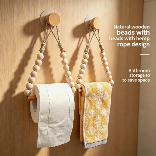 Handcrafted Boho Wooden Bead Toilet Paper Holder – Natural Hemp Rope Wall Mount Tissue Dispenser, Rustic Macrame Bathroom Roll Storage Hanger with Adhesive Wooden Peg Hook