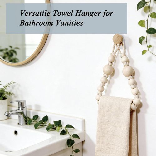 Handcrafted Boho Wooden Bead Toilet Paper Holder – Natural Hemp Rope Wall Mount Tissue Dispenser, Rustic Macrame Bathroom Roll Storage Hanger with Adhesive Wooden Peg Hook