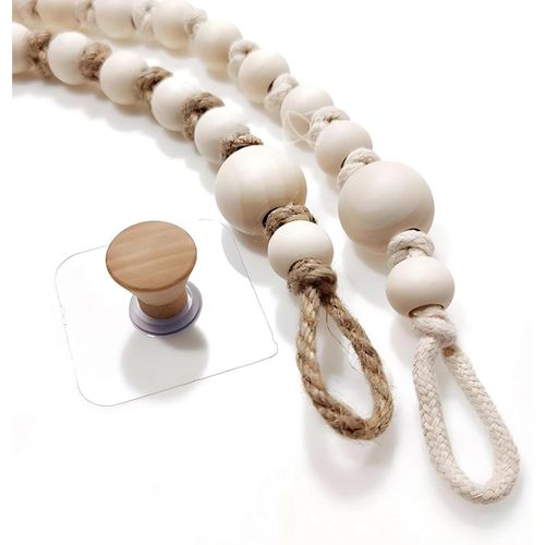 Handcrafted Boho Wooden Bead Toilet Paper Holder – Natural Hemp Rope Wall Mount Tissue Dispenser, Rustic Macrame Bathroom Roll Storage Hanger with Adhesive Wooden Peg Hook