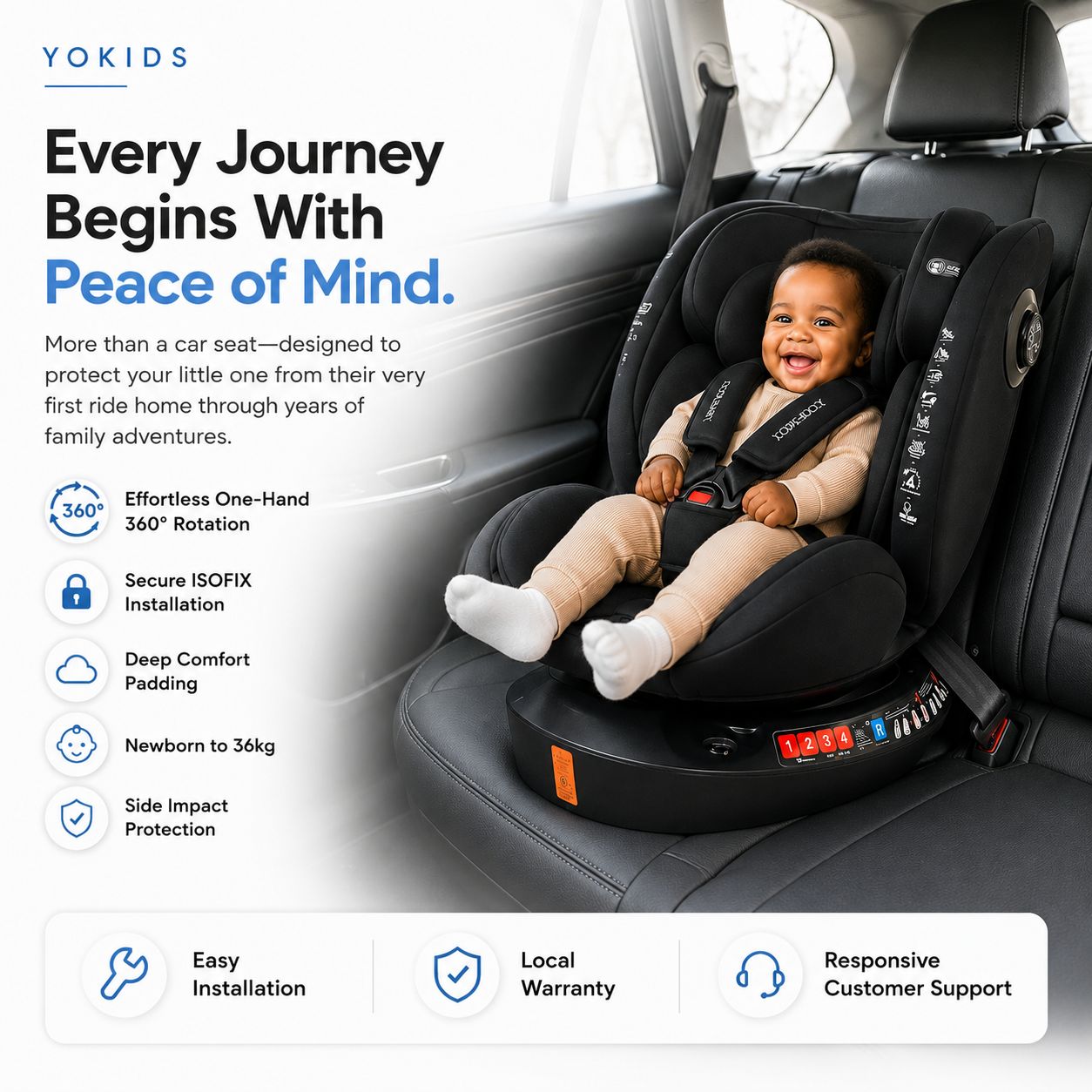 YOKIDS 360° Rotating ISOFIX Baby Car Seat Newborn to 36KG with 5-Point Safety Harness, Side Impact Protection & Multi-Recline Positions - Black