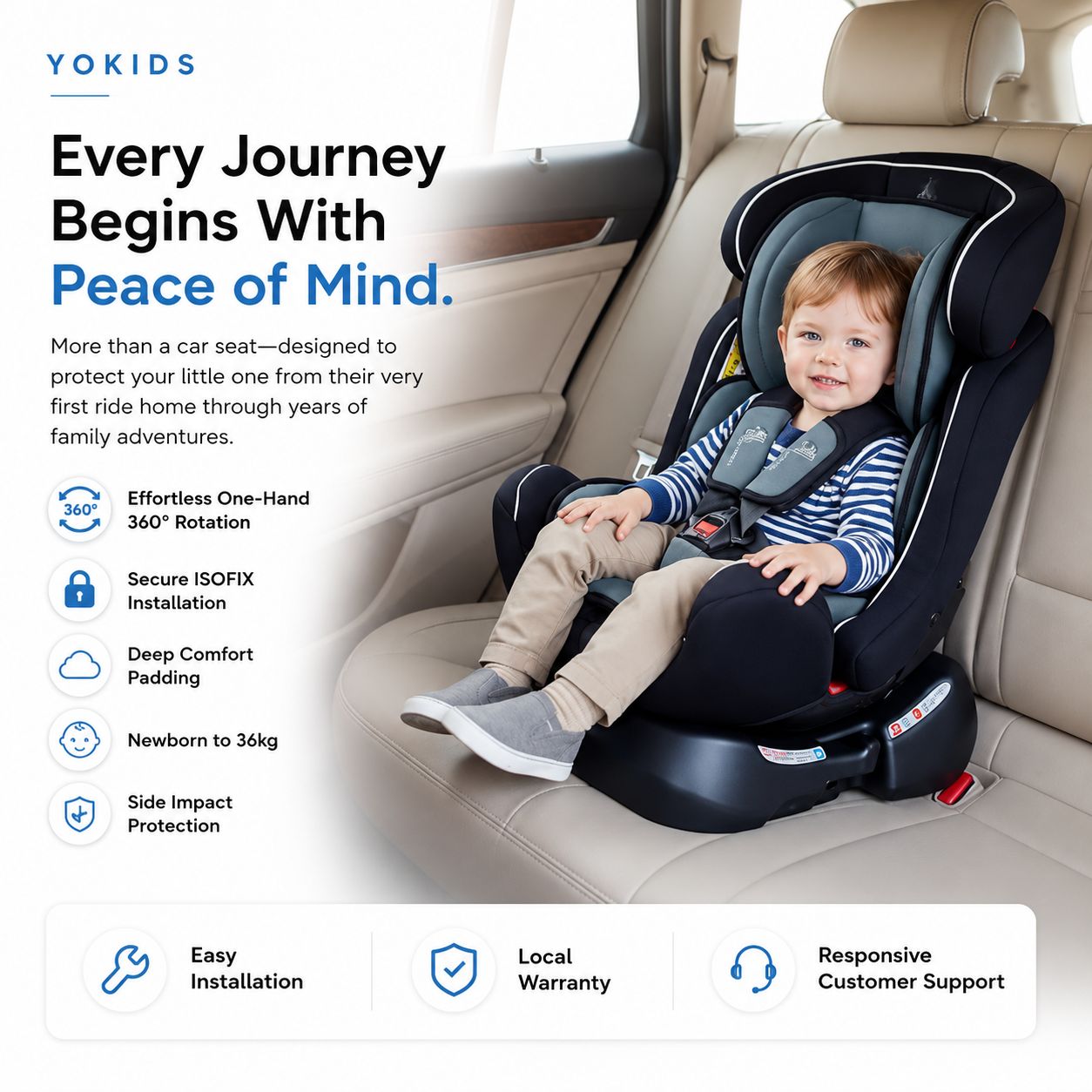 YOKIDS 360° Rotating ISOFIX Baby Car Seat Newborn to 36KG with 5-Point Safety Harness, Side Impact Protection & Multi-Recline Positions - Black