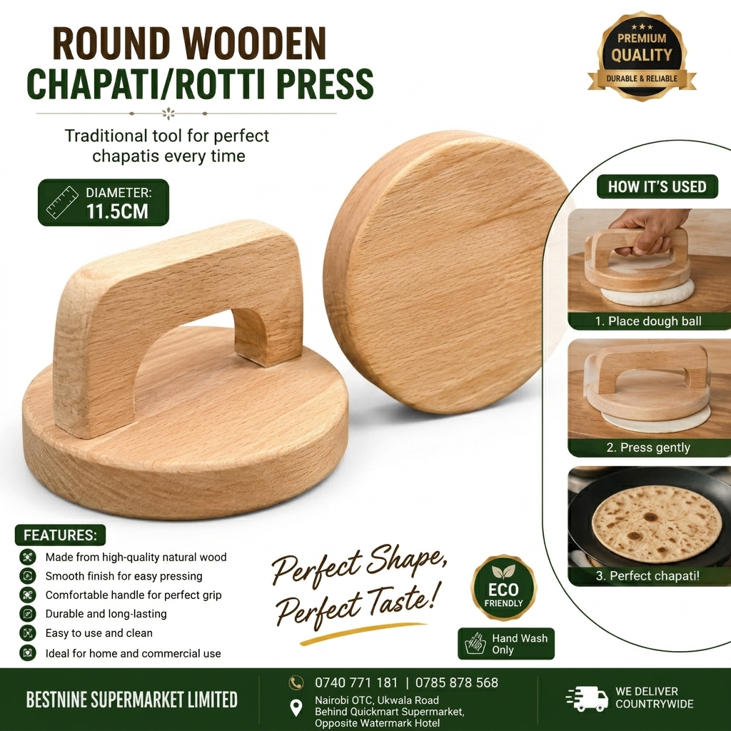 Round Wooden Chapati Roti Press 11.5cm – Natural Wood Dough Press with Handle