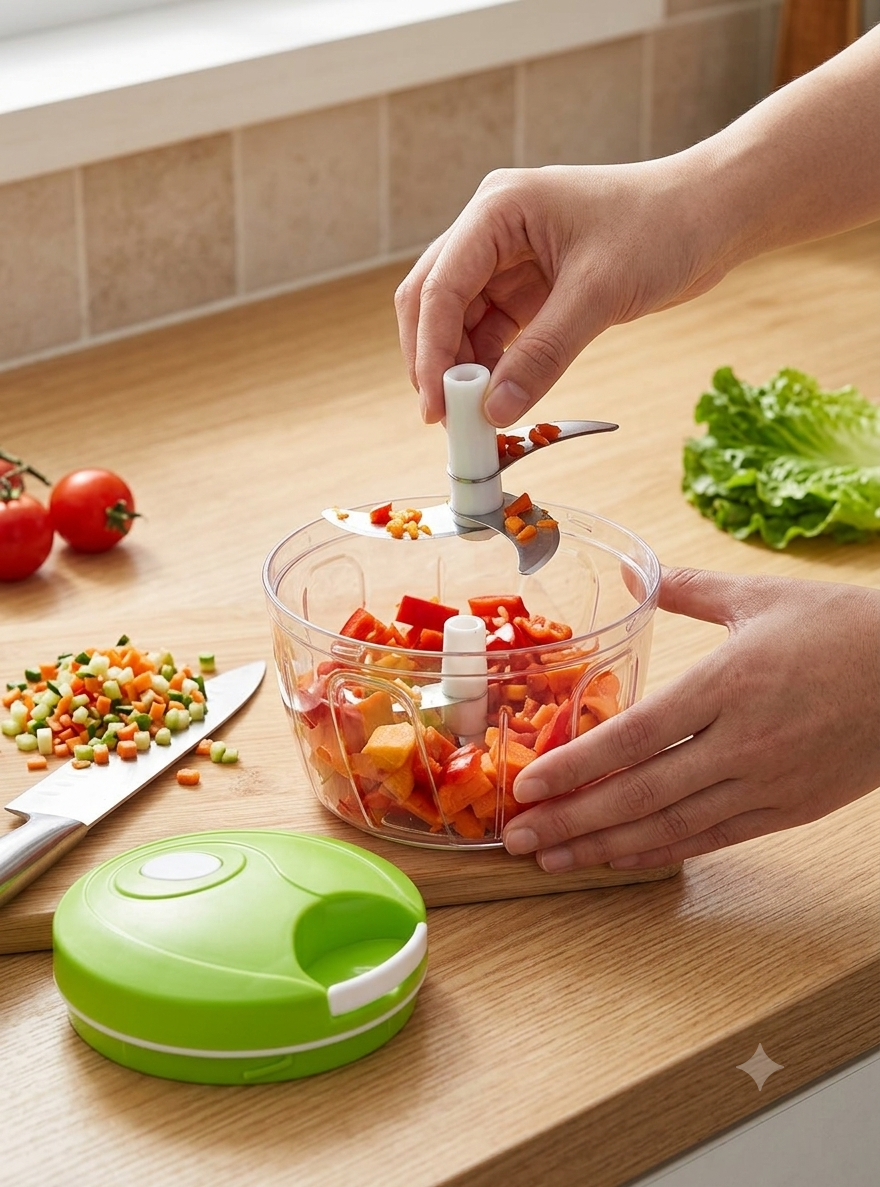 Manual Spin Cutter Food Chopper 450ml – Easy Pull Vegetable, Onion & Garlic Processor