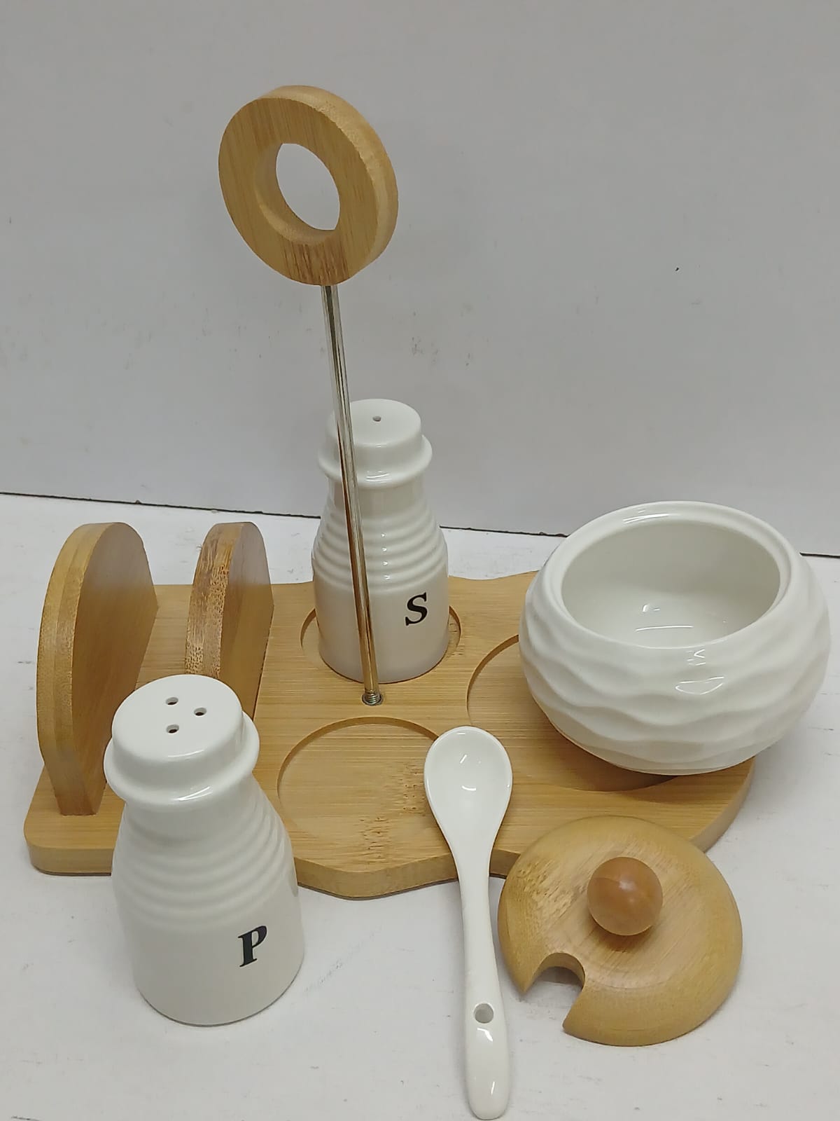 Ceramic Salt Pepper Sugar Dish Set with Spoon, Bamboo Stand & Serviette Holder – White