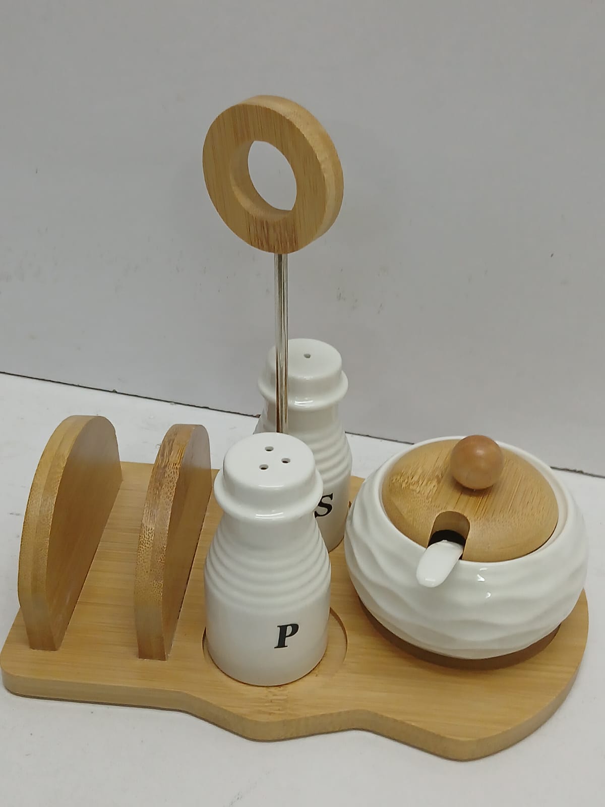 Ceramic Salt Pepper Sugar Dish Set with Spoon, Bamboo Stand & Serviette Holder – White