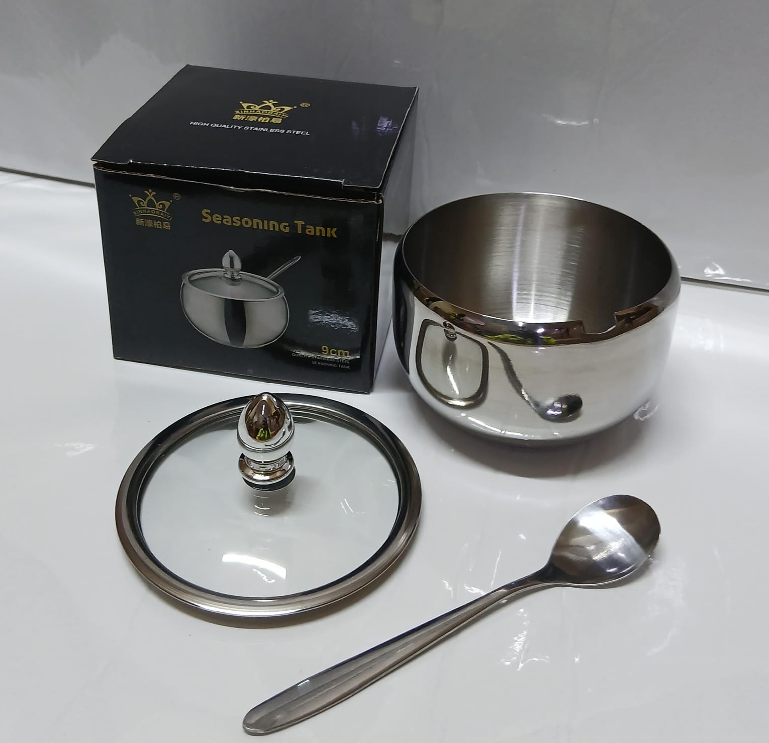 Stainless Steel Sugar Dish with Glass Lid and Spoon 9cm – Sugar Bowl Storage Container