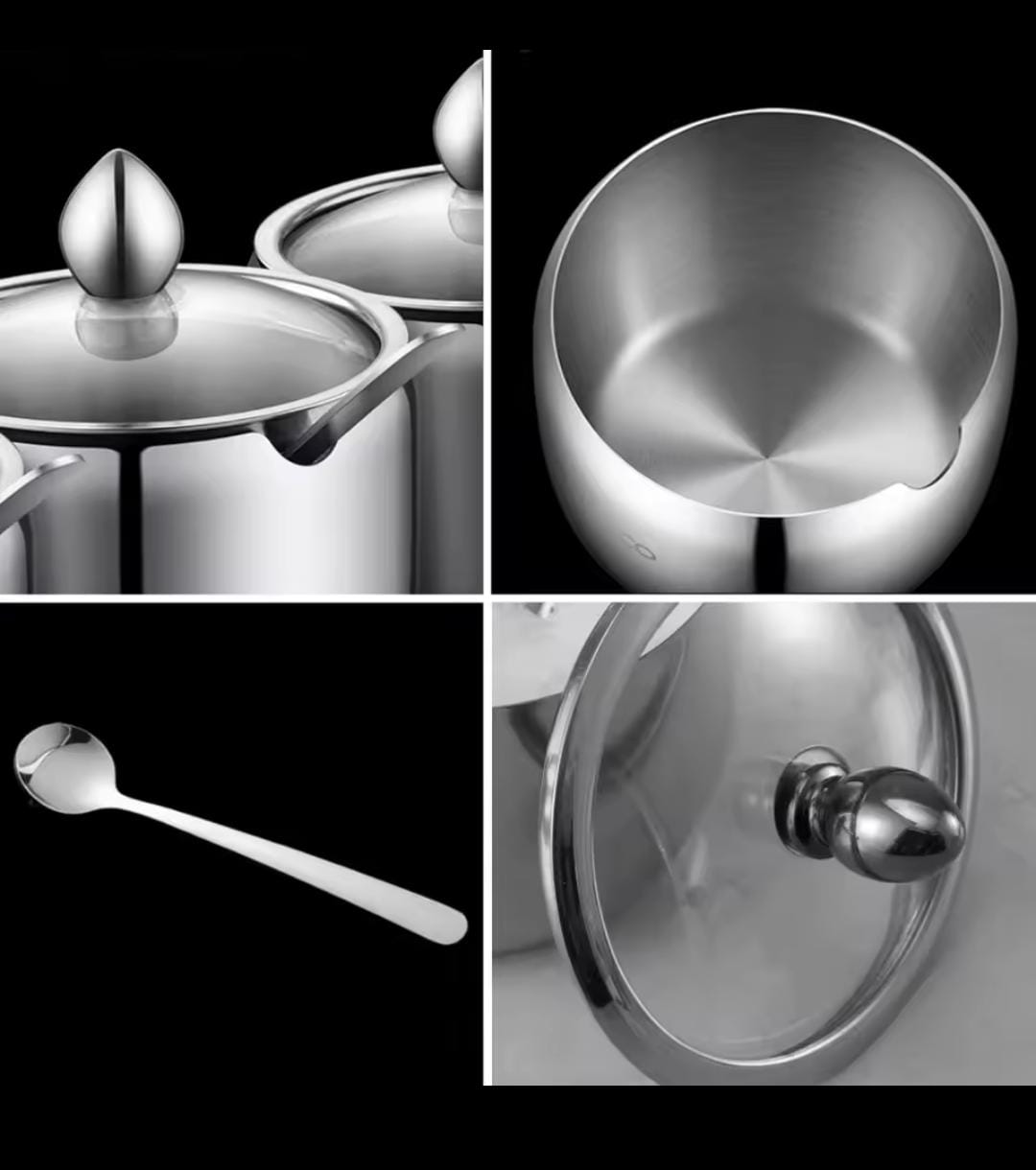 Stainless Steel Sugar Dish with Glass Lid and Spoon 9cm – Sugar Bowl Storage Container
