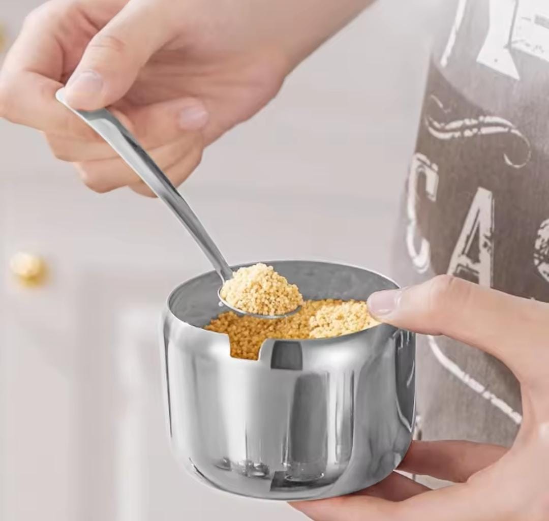 Stainless Steel Sugar Dish with Glass Lid and Spoon 9cm – Sugar Bowl Storage Container