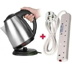 TOP SALES 2L Electric Kettle + Free 4-Way Extension Cable – Coil-Less Water Heater & Boiler Jug, Fast Boil, Stainless Steel, Durable & Convenient Home Appliance Set Power King Socket