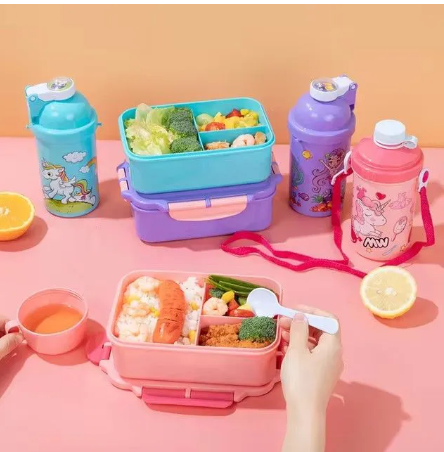 🔥🔥Unicorn Lunch Box Water Cup Set, 3 Compartments Cartoon Mermaid Salad Box, Lunch Box for School kids, school snack box