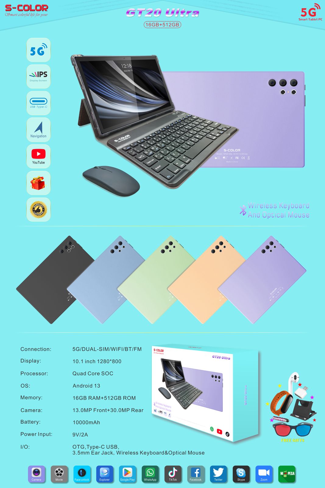 S-COLOR GT20 Ultra 2-in-1 Tablet, 10.5 Inch HD Display, Android 13, Keyboard Mouse and Stylus Set for Work, Study and Entertainment
