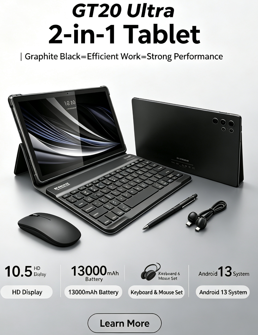S-COLOR GT20 Ultra 2-in-1 Tablet, 10.5 Inch HD Display, Android 13, Keyboard Mouse and Stylus Set for Work, Study and Entertainment