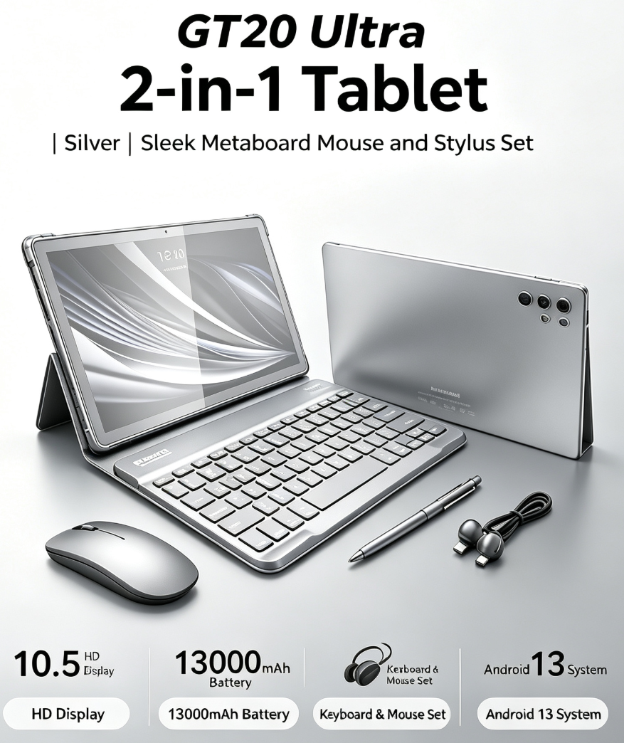 S-COLOR GT20 Ultra 2-in-1 Tablet, 10.5 Inch HD Display, Android 13, Keyboard Mouse and Stylus Set for Work, Study and Entertainment