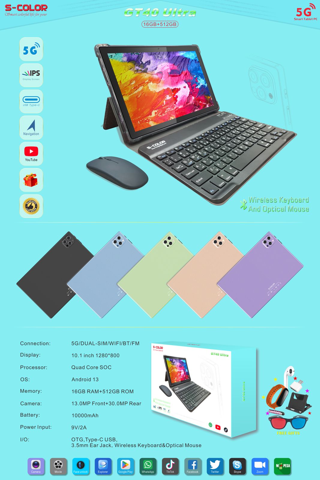 S Color S-COLOR GT40 Ultra 10.1" Tablet – 16GB RAM + 512GB ROM, Android 13, 5G Dual SIM, 10000mAh Battery, Keyboard & Mouse Included