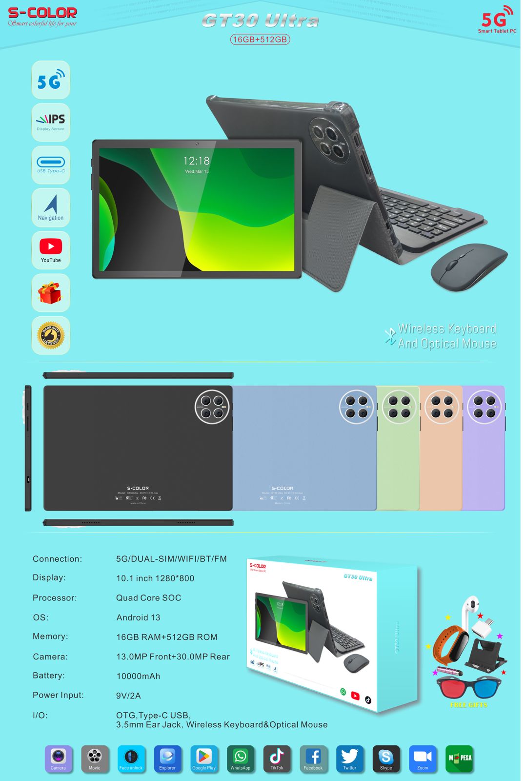 S Color S-COLOR GT30 Ultra 10.1" Tablet – 16GB RAM + 512GB ROM, Android 13, 5G Dual SIM, 10000mAh Battery, Keyboard & Mouse Included