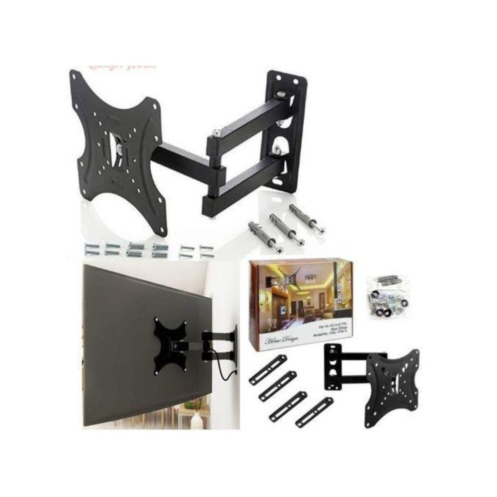 Full-Motion TV Wall Mount Bracket for 14-55 Inch Televisions - Tilt and Swivel Adjustable Arm with TV Guard Surge Power Protector and 4-Way Extension Socket Bundle for Home and Office