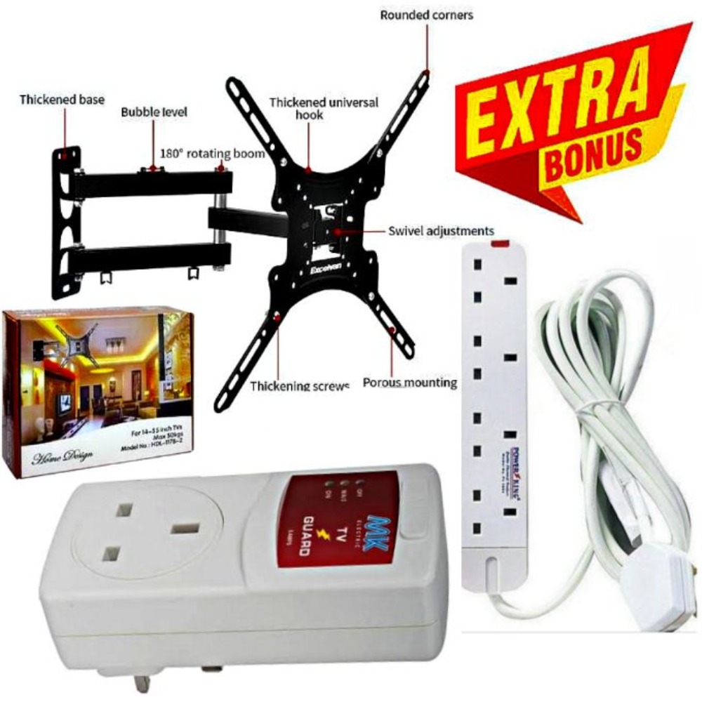 Full-Motion TV Wall Mount Bracket for 14-55 Inch Televisions - Tilt and Swivel Adjustable Arm with TV Guard Surge Power Protector and 4-Way Extension Socket Bundle for Home and Office