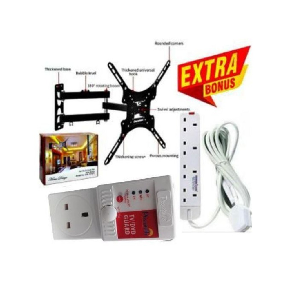 Full-Motion TV Wall Mount Bracket for 14-55 Inch Televisions - Tilt and Swivel Adjustable Arm with TV Guard Surge Power Protector and 4-Way Extension Socket Bundle for Home and Office