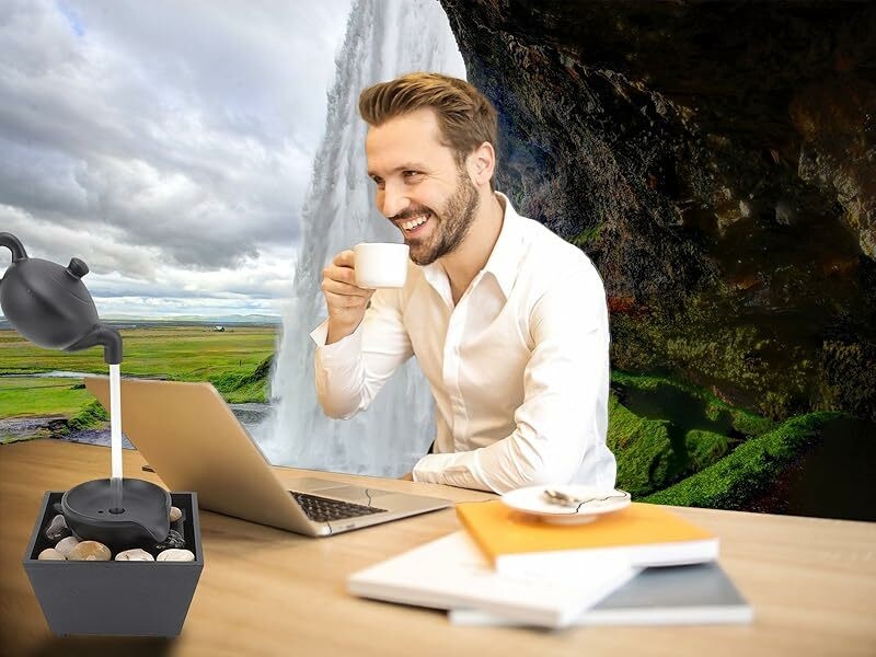 Hot Sale Floating Teapot Water Fountain, USB 5V Battery Powered Tabletop Fountain with LED Lights Stones Mini Tabletop Waterfall Decoration for Home Office Gift With FREE PEBBLES
