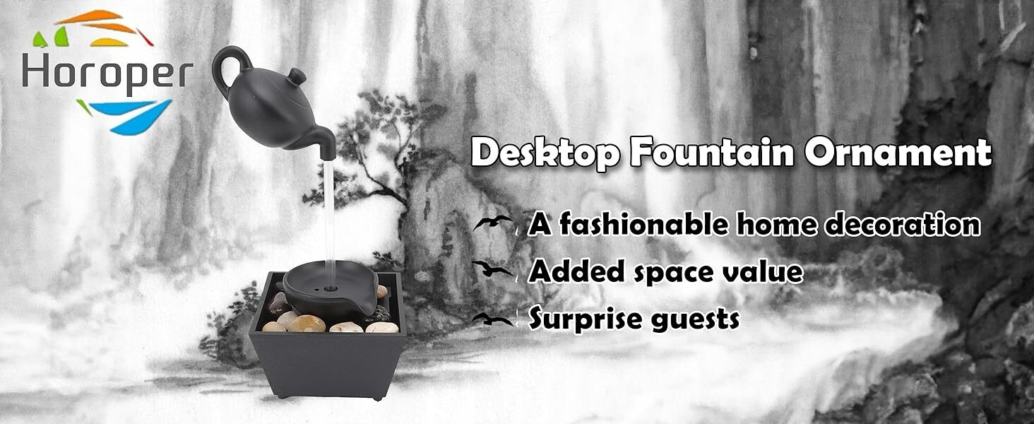 Hot Sale Floating Teapot Water Fountain, USB 5V Battery Powered Tabletop Fountain with LED Lights Stones Mini Tabletop Waterfall Decoration for Home Office Gift With FREE PEBBLES