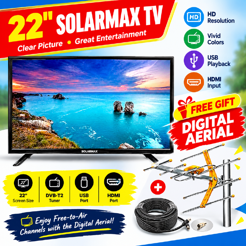 Solarmax 22 inches Digital TV AC / DC Solar TV +FREE BONUS
