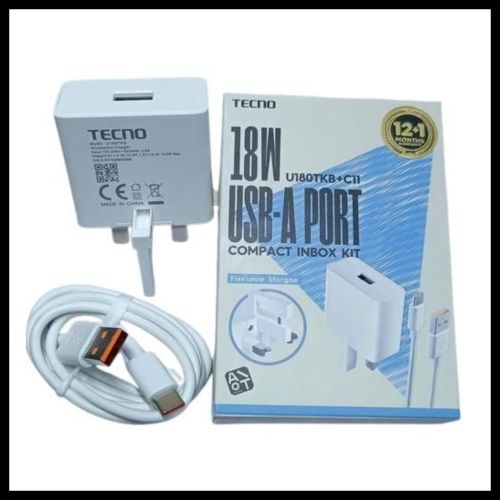 TIME LIMITED DEAL!!!!Tecno 18W USB-A Fast Charger U180TKA+C11 Compact Inbox Kit, Original Wall Charger With Type-C Cable, Fast Charging Power Adapter, White