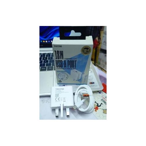 TIME LIMITED DEAL!!!!Tecno 18W USB-A Fast Charger U180TKA+C11 Compact Inbox Kit, Original Wall Charger With Type-C Cable, Fast Charging Power Adapter, White
