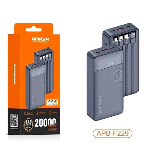 Amaya 20000/10000 Power Bank APB-F229 22.5W Super Fast Charging 20000mAh/10000mAh  with 4 Built-in Cables Type C Lightning Micro USB Rechargeable Portable Charger Digital LED Display Anti-Scratch